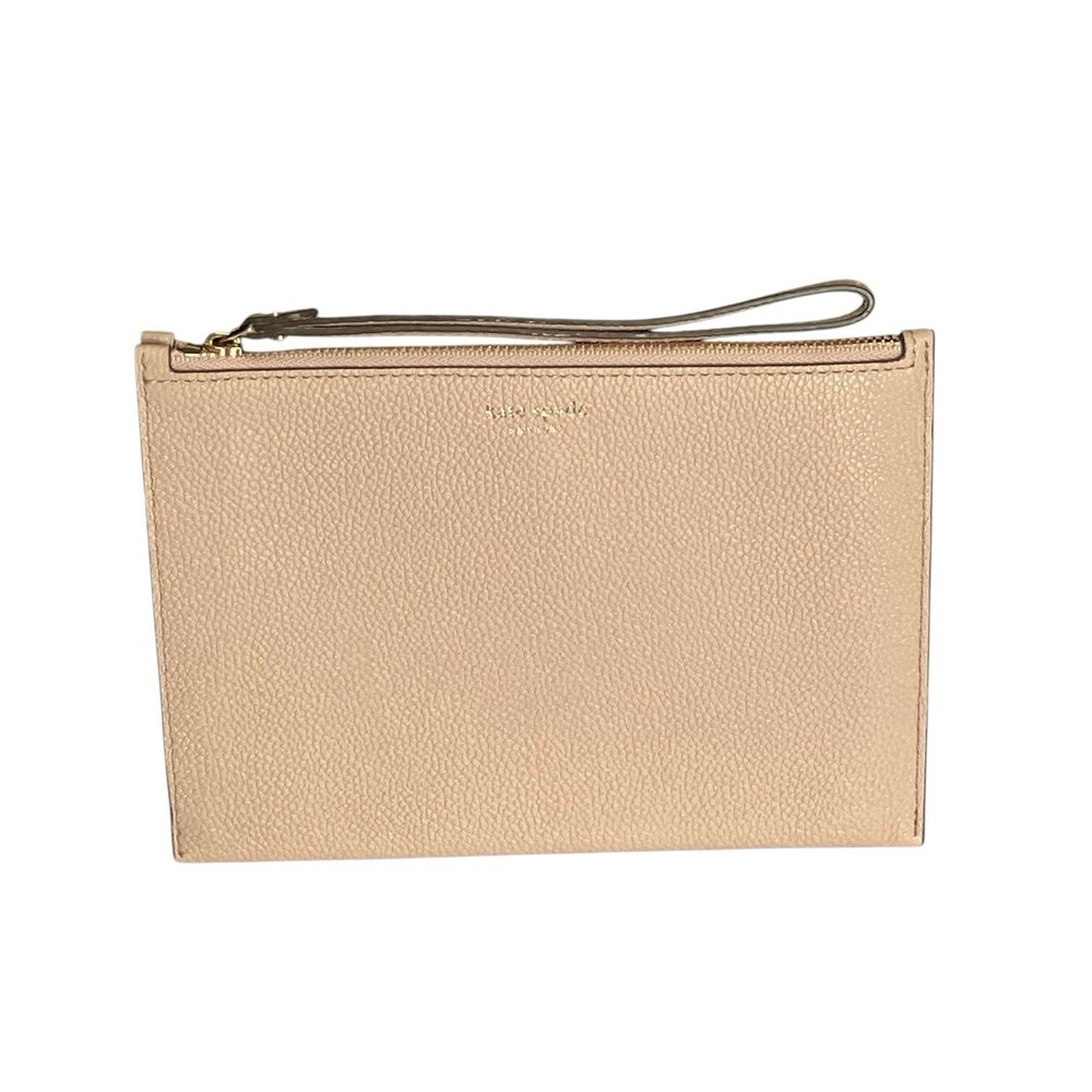 Kate Spade New York Wristlet Clutch Pink Beige Leather Zip Top Purse Bag